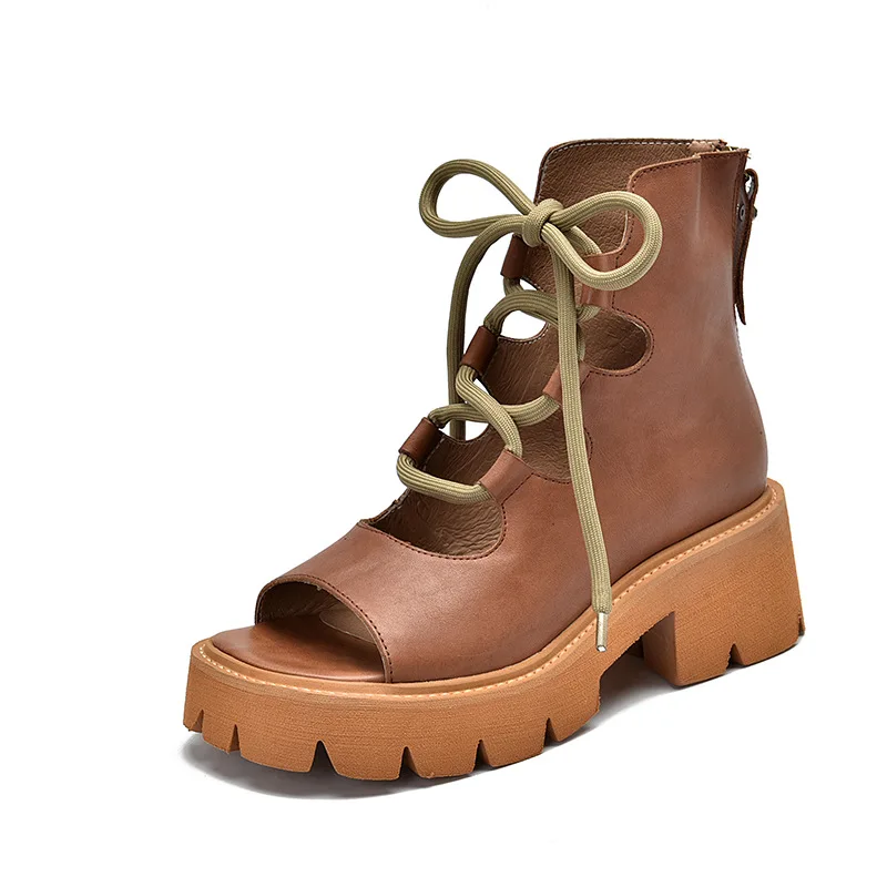 

YourSeason Ladies Summer Shoes Genuine Leather Handmade Concise Leisure Sewing Women 2021 Lace Up Retro Sandals