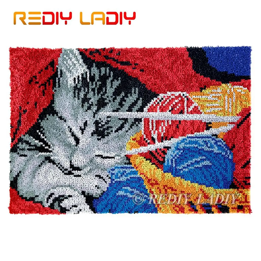 

Latch Hook Rug Chunky Yarn Tapestry Kits DIY Carpet Rug Sleeping Kitten Knitted Floor Mat Crochet Cushion Arts & Crafts 85*57cm