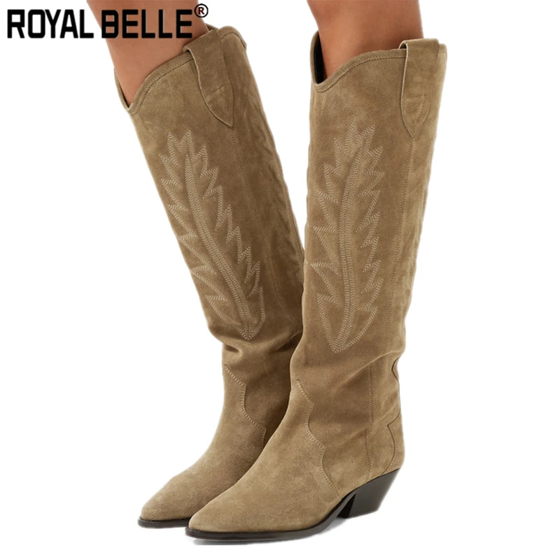 Королевская Белль высокие сапоги из натуральной замши Emboridery до колена botas Mujer