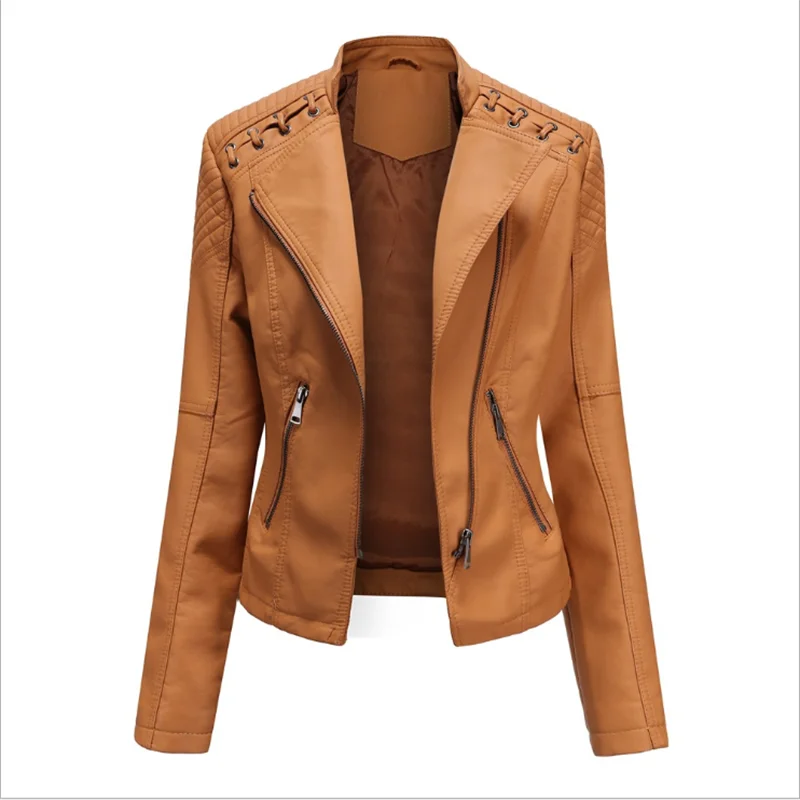 

L-4XL Plus Size Female Jacket Feminine Coat PU For Spring Autumn 2021 New Shoulder Plait Decoration Turn Collar Locomotive