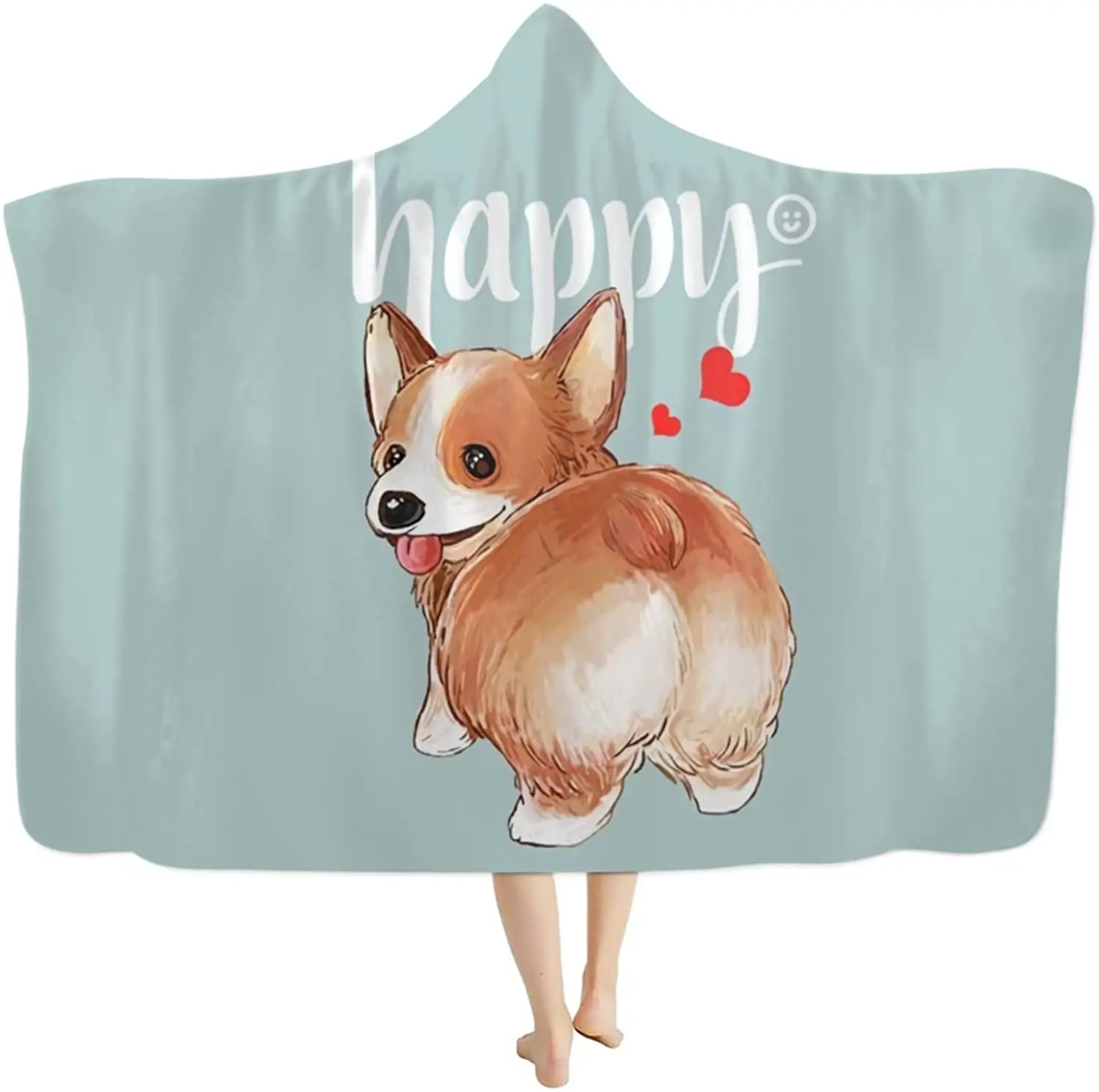 

Cute Happy Corgi Dog Hoodie Blanket Wearable Throw Blanket, Warm Cozy Soft Blanket for Adults Kids Teen