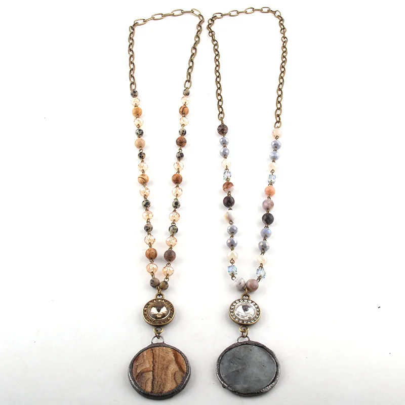 Fashion Bohemian Tribal Jewelry Antique Stone Glass Chain Crystal Links Round Stone Pendant Long Necklaces