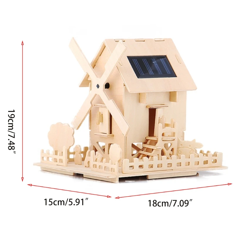 

3D Wooden Jigsaw Puzzle Solar Powered Windmill House DIY Early Educational Toy