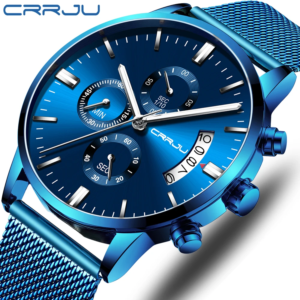 

NEW CRRJU Mens Watches Top Luxury Brand Waterproof Sport Wrist Watch Chronograph Quartz Military Mesh Steel relojes hombre 2273