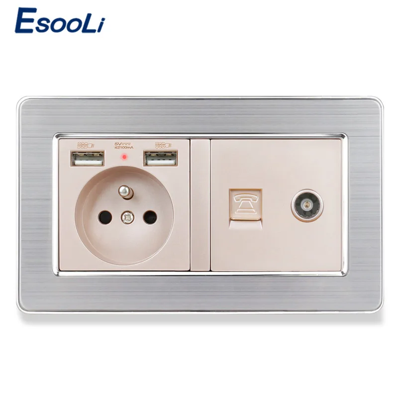 ESOOLI панель из нержавеющей стали французская стандартная розетка с 2 usb-портом для
