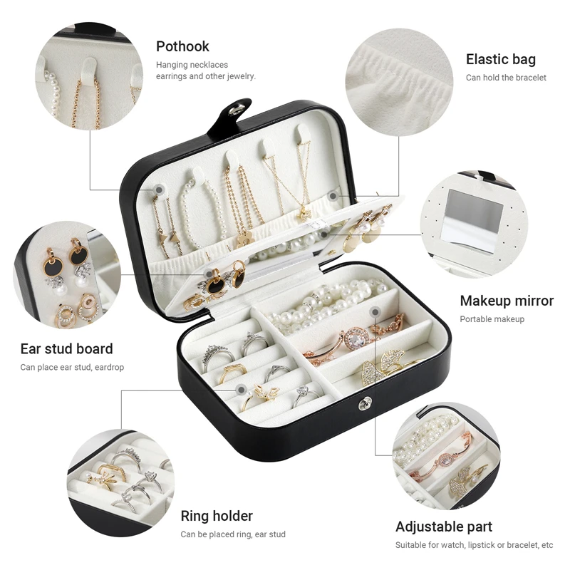 Casegrace Mini Travel Jewelry Organizer Box Double-Layer Girl Gift Storage Case Portable PU Leather Earrings Jewellery Organizer