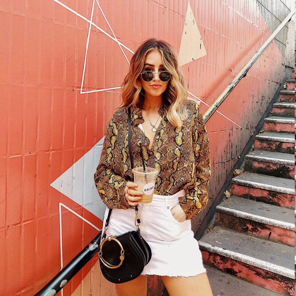 

New fashion snake print shirt wild loose long-sleeved blouse sexy lapel chest large pocket shirt shirt