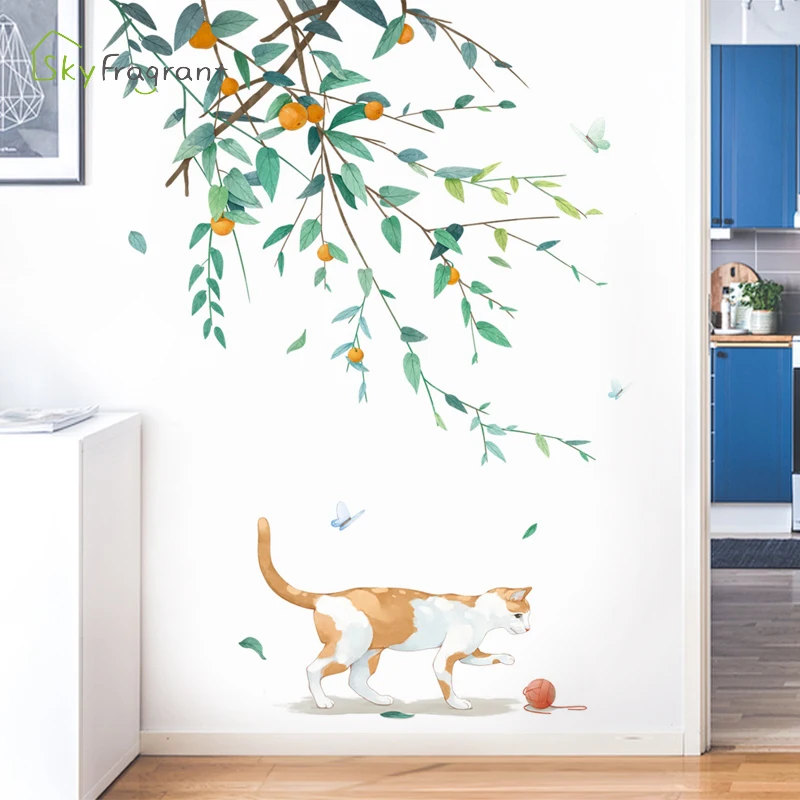 Creative Fresh Wall Sticker Fruit Branch Cat Self-adhesive Living Room Decoration Bedroom Decor Home Stickers | Дом и сад