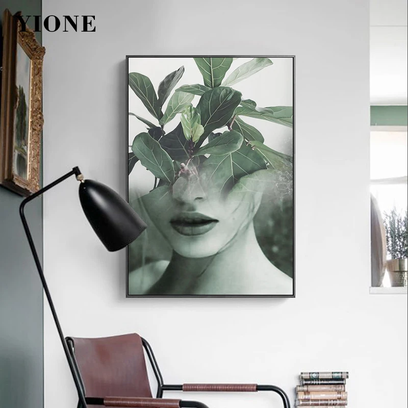 

Nordic Green Leaves Woman Art Canvas Paintings Modern Abstract Plants Girl Wall Poster for Living Room Bedroom Picture Prints