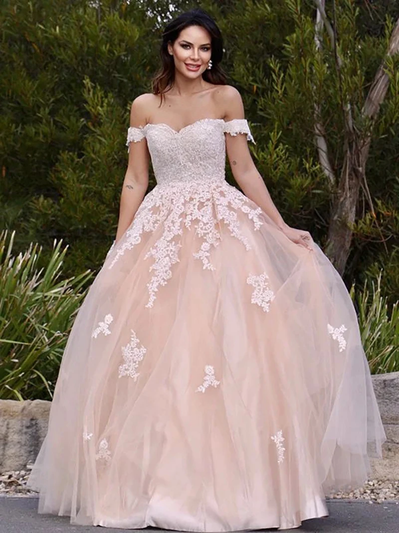 

Elegant Prom Dresses Off Shoulder Backless Ball Gown Lace Appliques A Line Tulle Women Evening Party Gowns Vestido De Festa