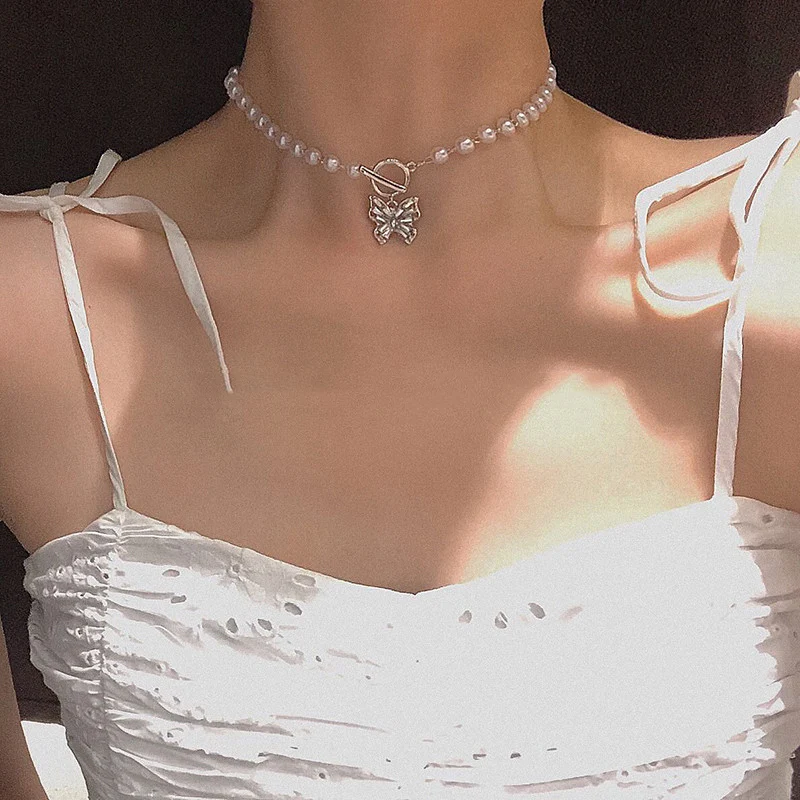

2021 New Short Pearl Rhinestones Choker Butterfly Titanium Steel Necklace for Women Girls Party Hot Jewelry Gifts