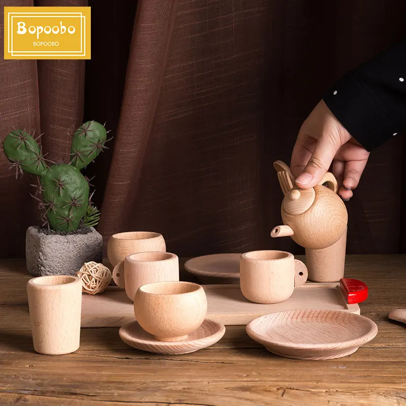 Baby Toy Cutting Fruit Vegetables Wooden Kitchen Toys Pretend Play Mini Solid Beech Tea Coffee Cup Set Early Education Food Toys