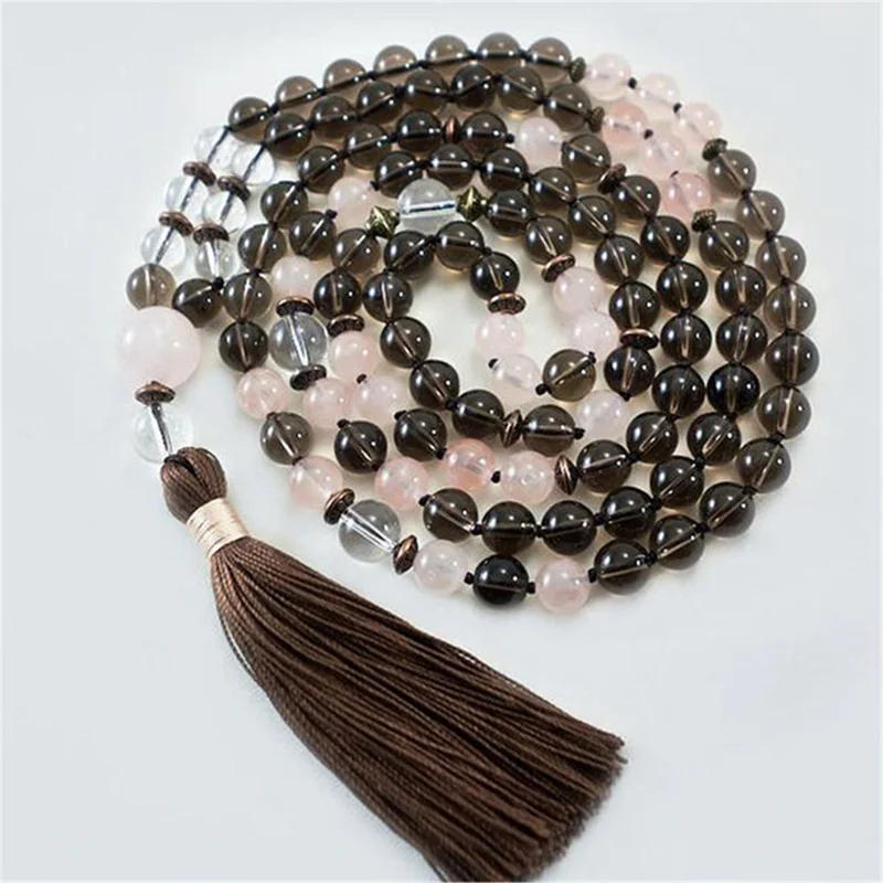 

8mm Smokey Quartz 108 Beads Handmade Tassel Necklace Japa Mala Religious Meditation Wristband