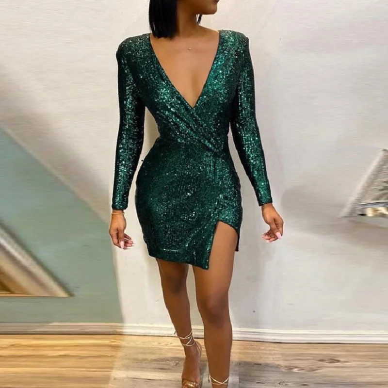Модное блестящее стильное сексуальное короткое платье с блестками женские