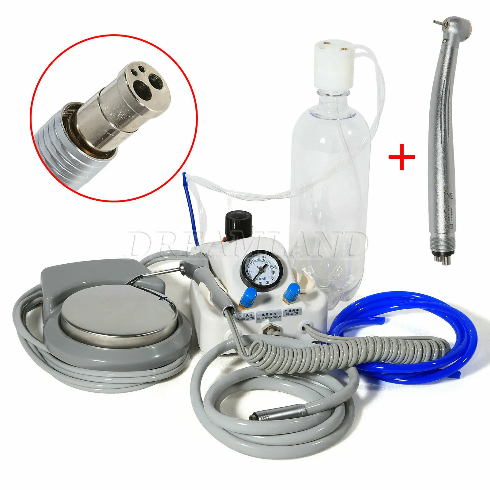 Dental Portable Air Turbine Unit 2/4 Holes Air Compressor Syringe + LED Fiber Optic Handpiece 2/4 hole Dental Lab Tools