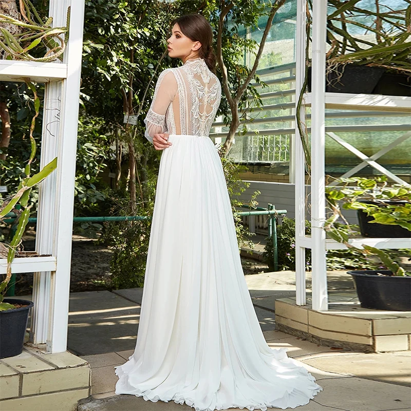 MoonlightShadow Bohemian Wedding Dresses A-Line High Neck Lantern Sleeves Chiffon Furcal Floor-length Bridal Gown Robe De Mariée