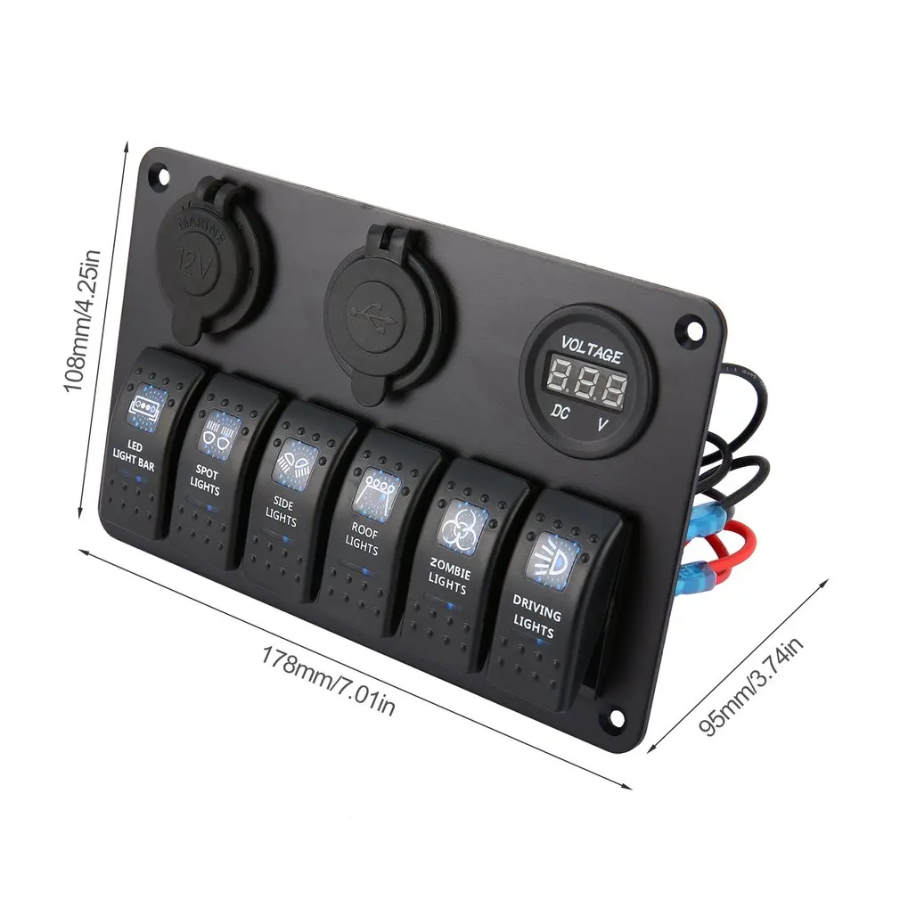 6 Gang Waterproof RV Car Marine Boat Circuit Breaker LED Rocker Switch Panel Dual USB Charger Cigarette Socket | Автомобили и