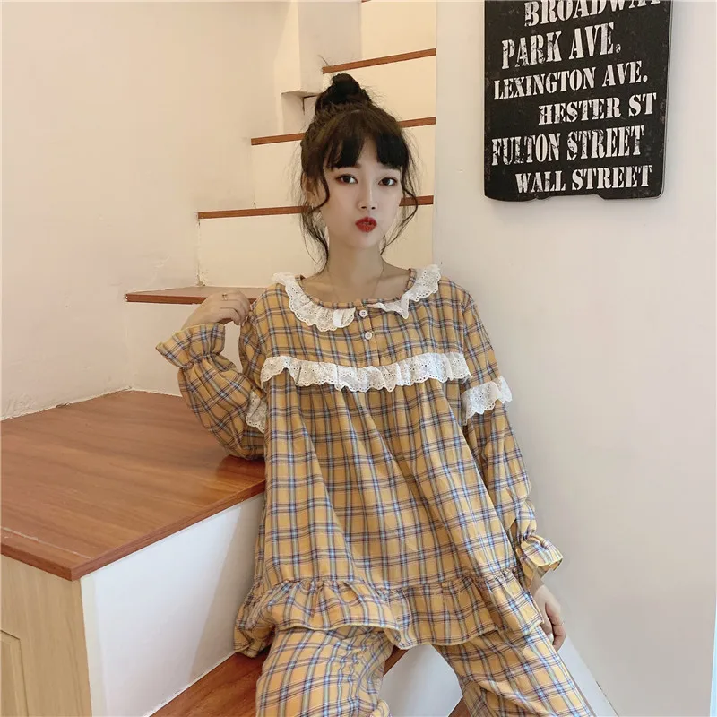 

sweet 100% cotton cute pajamas set fancy lace simple home clothes sleepwear long sleeve top pants pijamas suit homewear