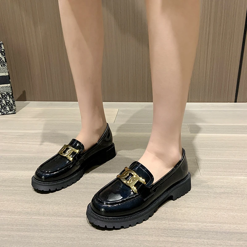 

2021 Spring Luxury Women Loafers Penny Platform Flat Leather Moccasin Chunky Heel Slip On Ladies heighten Shoes Thick Heel Brand