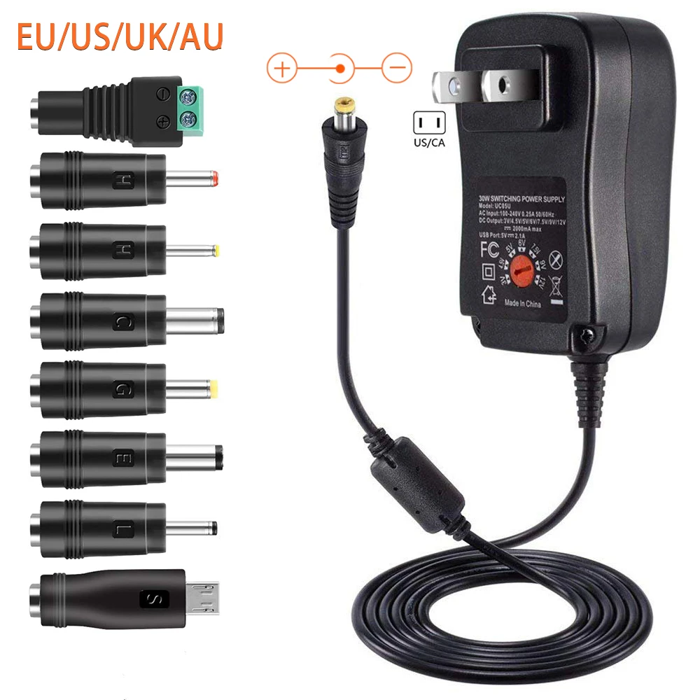 

30W US/UK AU/EU Universal Power Adapter 3V 4.5 V 5V 6V 7.5 V 9V 12V AC DC Charger Converter+5V 2.1 A USB Porth With 8PCS Jack