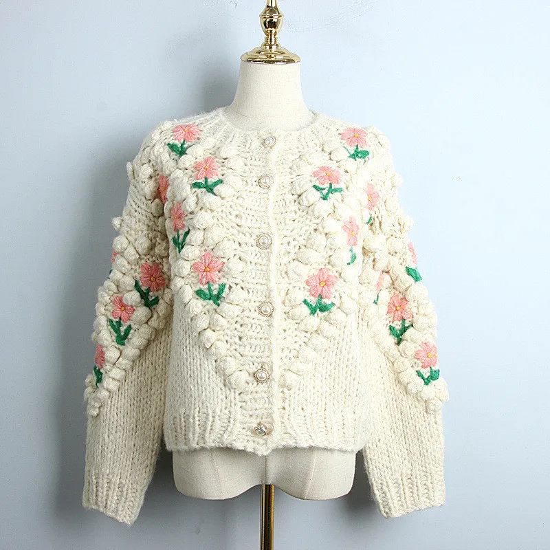 

Women Flower Embroidery Hairball Knitted Cardigan 2020 Autumn Single Breasted Pearl Beading Chic Sweaters Knit Outwear Coat