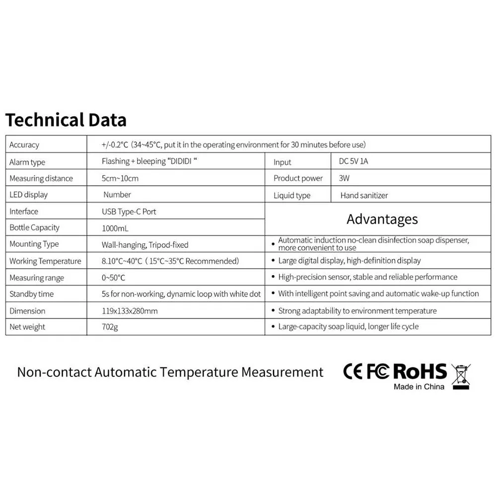 

2 in 1 Contactless Infrared Body Thermometer with 1000ml Automatic Sensor Liquid Soap Dispenser Hands Washing Free Sterilizer