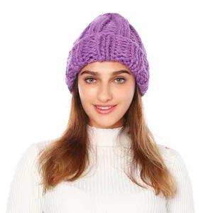 Women's Knit Cap Winter Warm Pure Color Curly Brim Coarse Wool Cap European-American Style