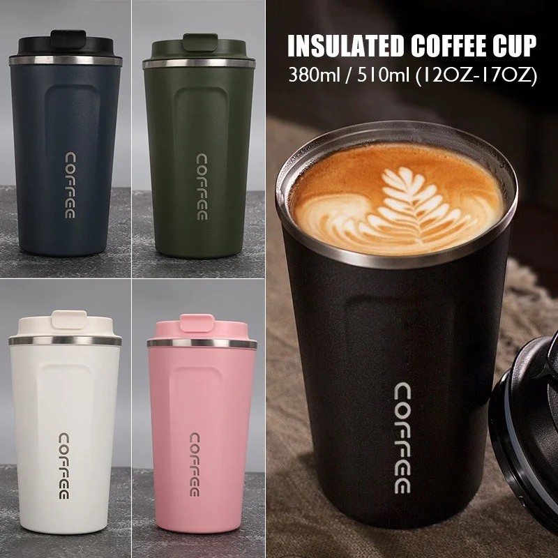 

Stainless steel car hot coffee cup, portable travel thermos, heat insulation, leak proof, with cover, 380 / 510ml