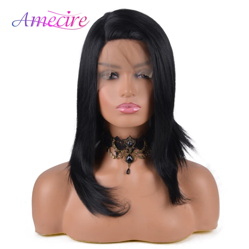 

14 Inch Black Synthetic Side Lace Medium Long Straight Bob Wig Looking Natural Heat Resistant For Black Women