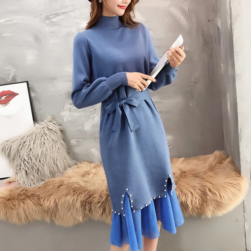 

Spring autumn 2021 new loose women's dress beaded knitted bottoming shirt lace sweater skirt mid-length two-piece suit s393