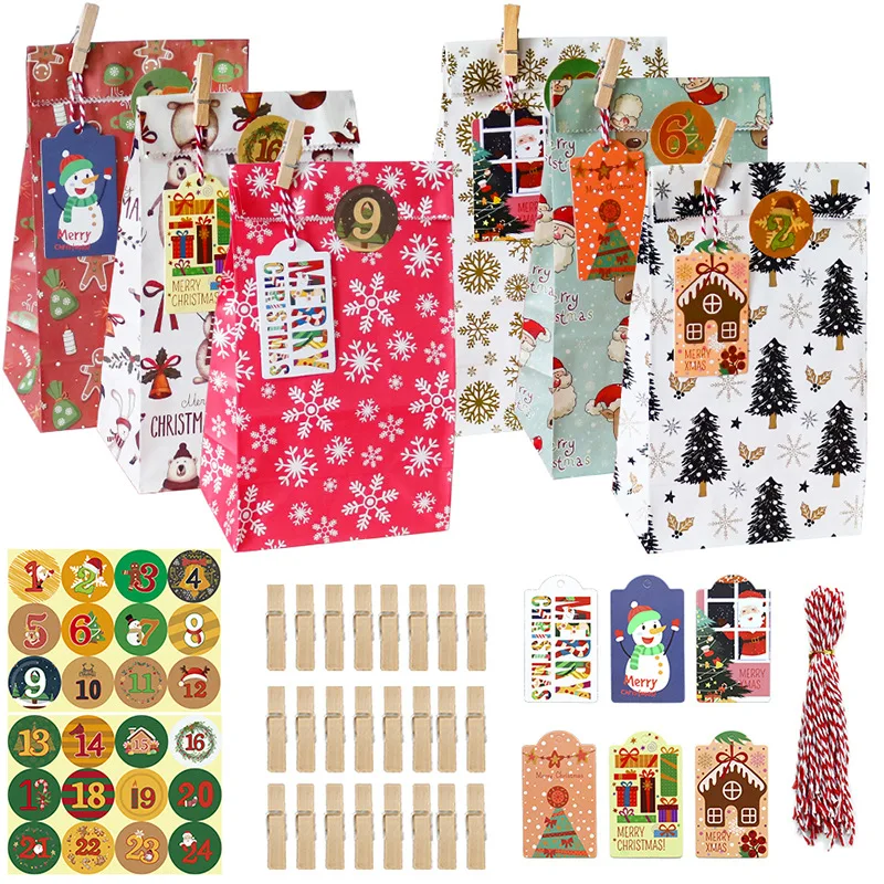

Рождественский Подарочный пакет, 24 шт., пакет из крафт-бумаги для конфет и печенья, упаковка для рождественского подарка, товар с зажимом, ук...