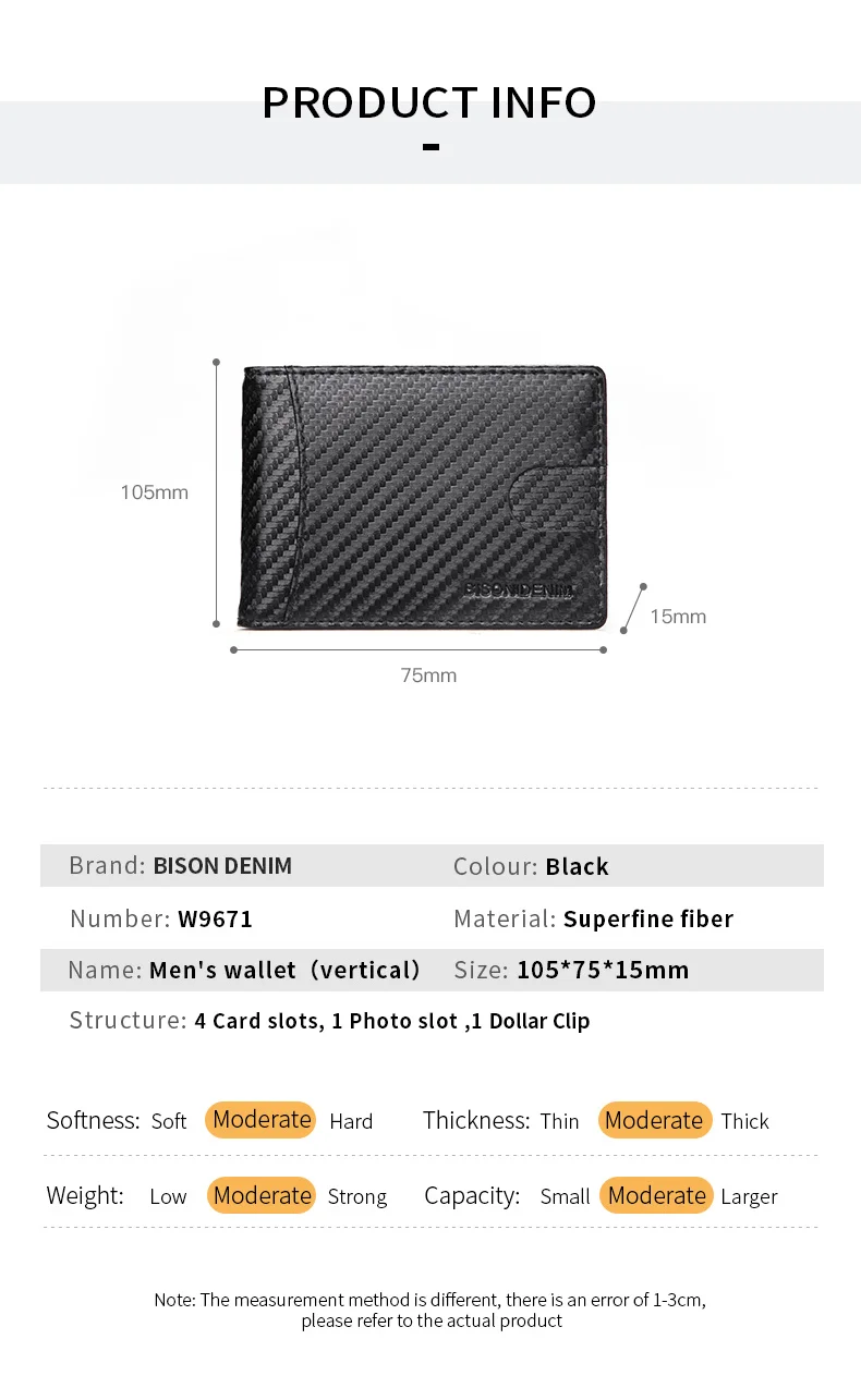 Мужской тонкий кошелек BISON DENIM двойной зажим для денег из углеродного волокна с