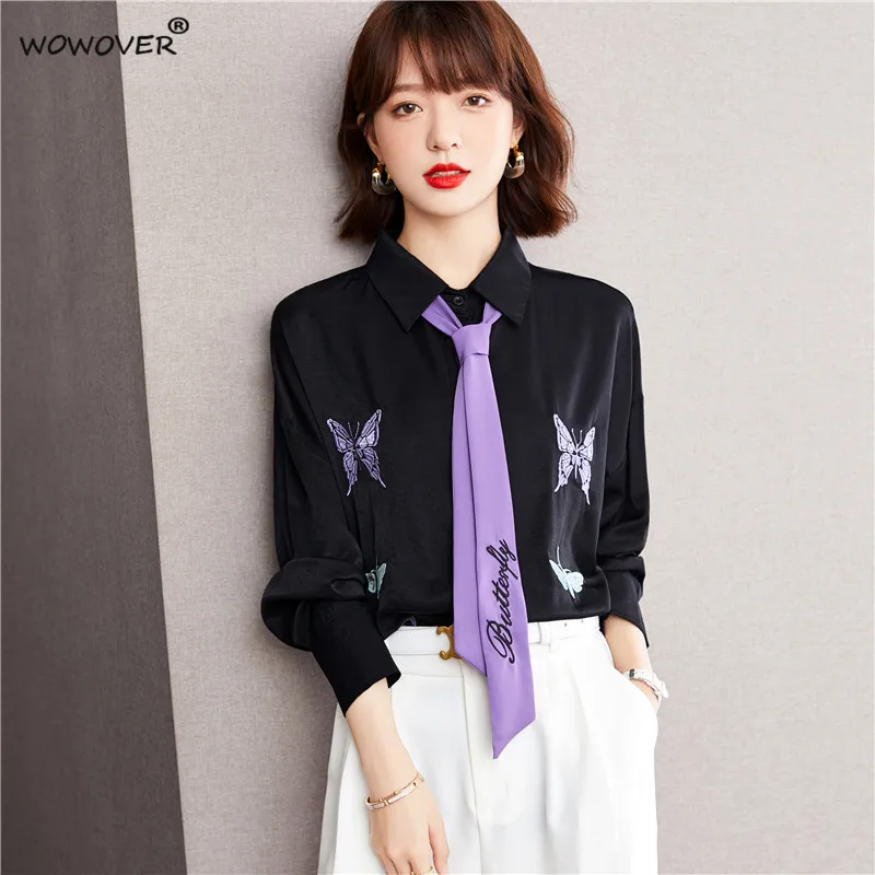 

Блузка женская с длинным рукавом и вышивкой, модная свободная элегантная офисная рубашка с бантом, корейский стиль, на осень