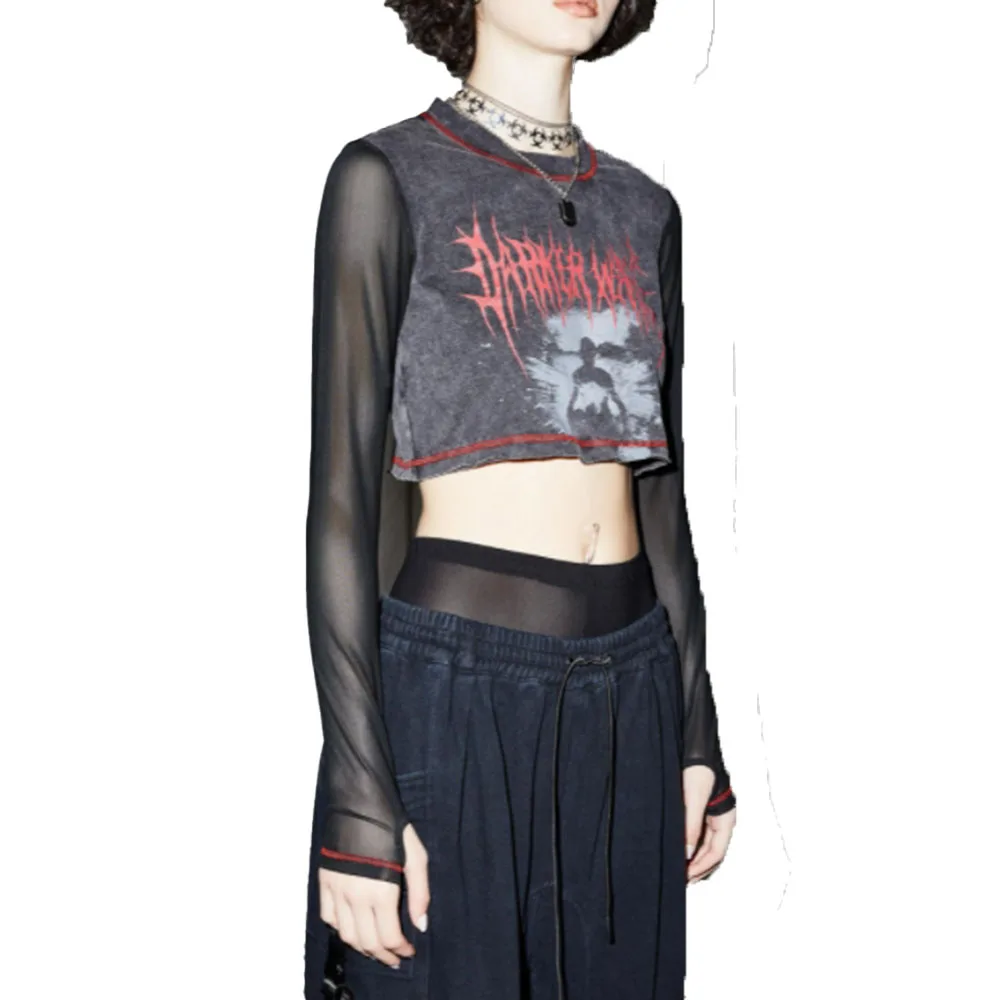 

Rosetic Punk Mesh Top Women Gothic Fashion T-Shirt 2021 Summer Goth Crop Top Casual Harajuku Letter Printed Tshirts Long Sleeve