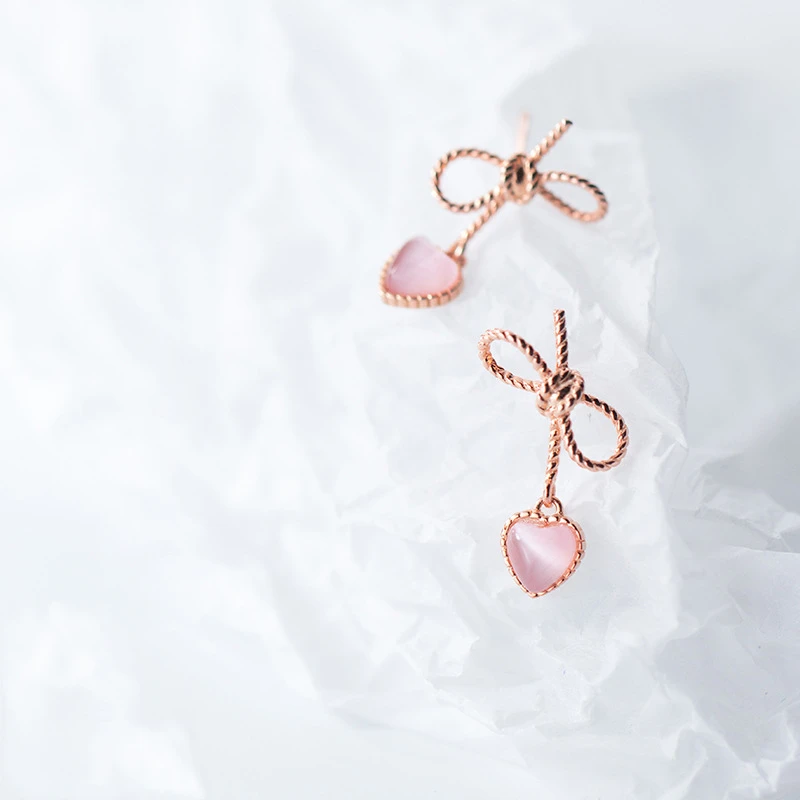 925 пробы серебряный милый бант в форме сердца Милая безделушка розовая серьга из