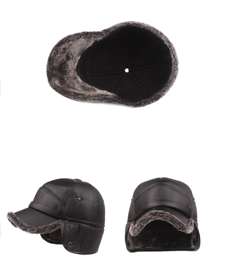 HanXi Winter Men Earflaps Baseball Cap Warm Leather Thicker Snapback Cap Men Father's Hats Ear Faux Fur Protection Casquette