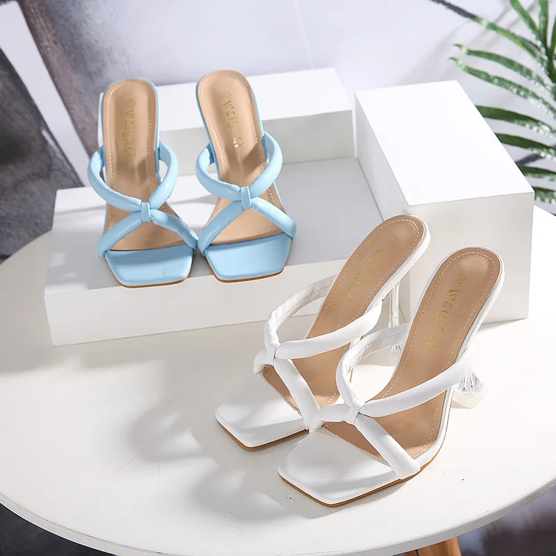 

Summer Women Slippers Popular Fashion Mules Casual Female shoes Pumps High heels Square head Flip flops Party shoes