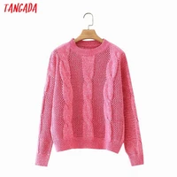 tangada women 2021 fashion pink twist knitted sweater jumper o neck female elegant pullovers chic tops 2j35