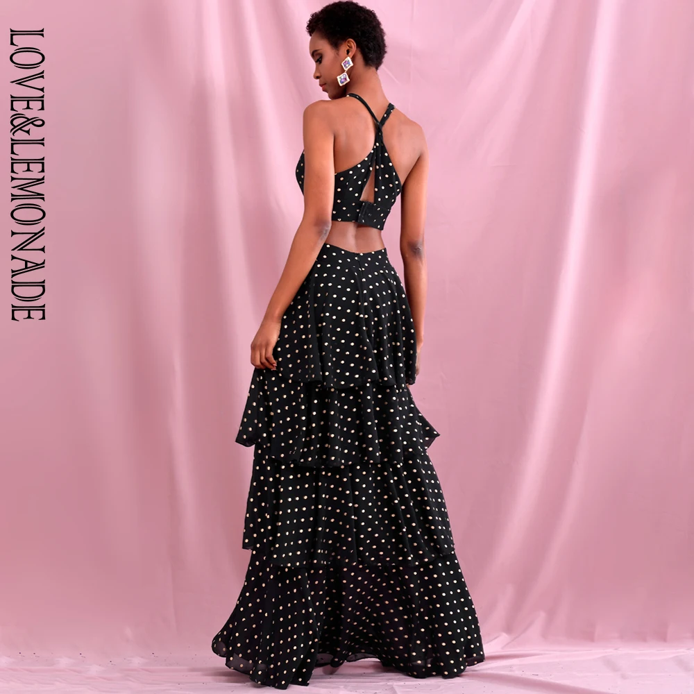 

LOVE & LEMONADE Sexy Black V-Neck Waist Cut Out Golden Polka Dot Chiffon Layered Ruffles Beach Party Maxi Dress LM82365
