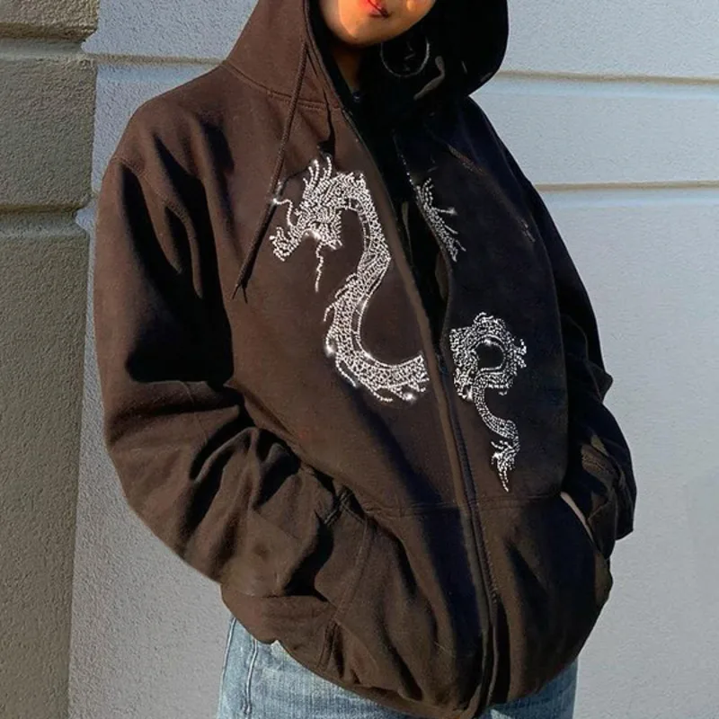 

Autumn Y2k Casual Women Hoodie Long Sleeve Pullover Zipper Dragon Diamond Hoodies New Hip Hop Vogue Loose Streetwear Hoodie