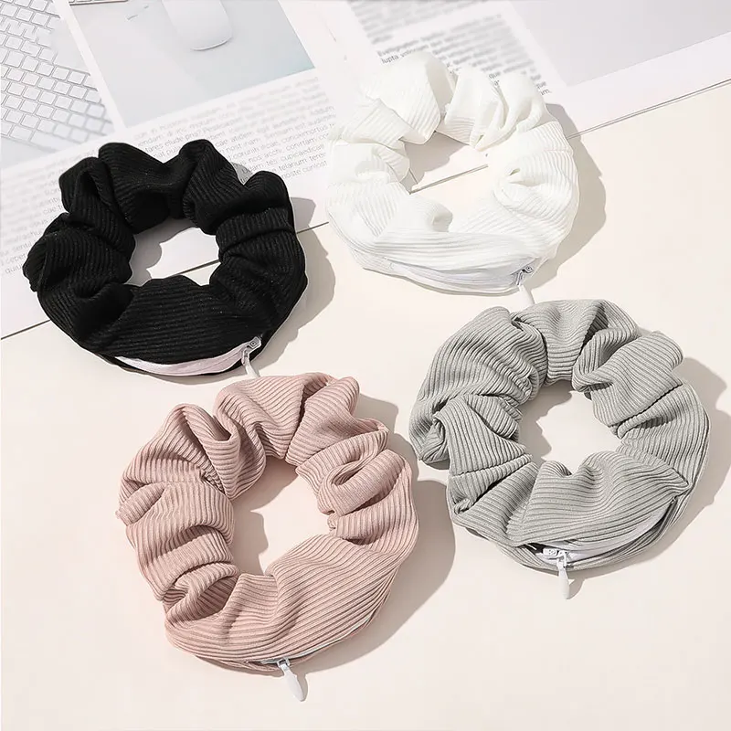 

fashion Novelty Designs Zipper Scrunchies Women Creative Hairbands Brand Quality Pocket Scrunches With Zip