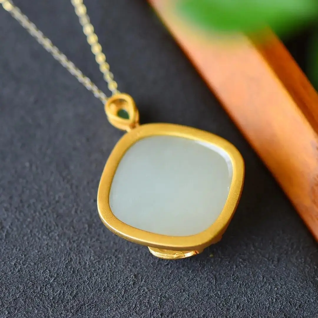 

Natural Hotian Jade Pendant Women's Small Gilding Pisces Lotus Pendant round Jade Jade Pendant Necklace