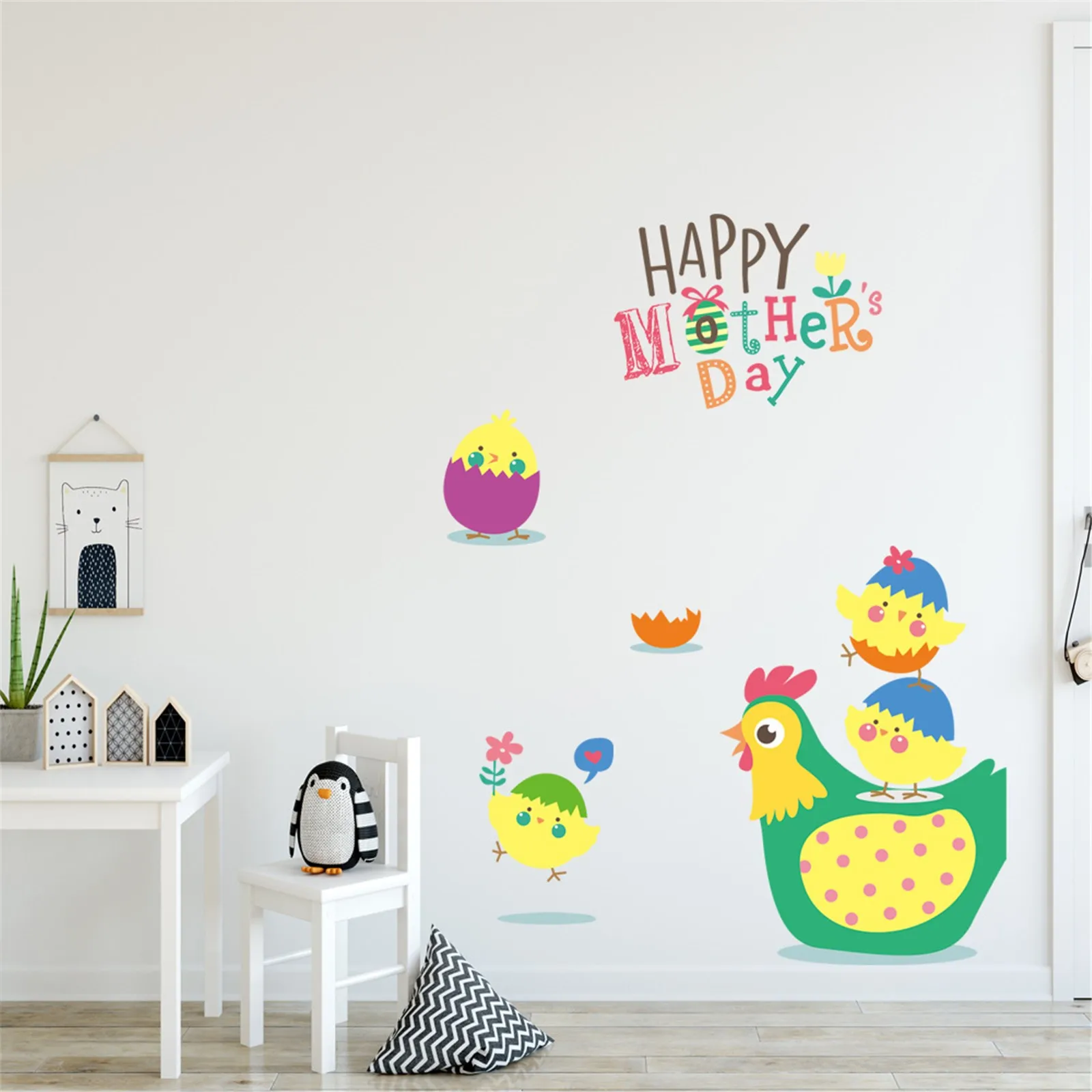 

Cartoon Warm Colored Eggshells Chick Happy Mother's Day Wall Sticker decoracion hogar moderno