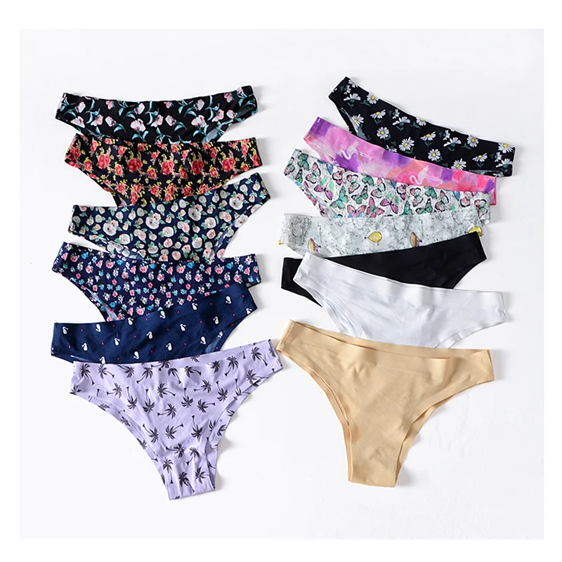 6PCS Thong Women's Panties Low Waist Bikini Ice Silk Seamless Sexy Pants Printed Women's Briefs Cute Lingerie Female Underwear