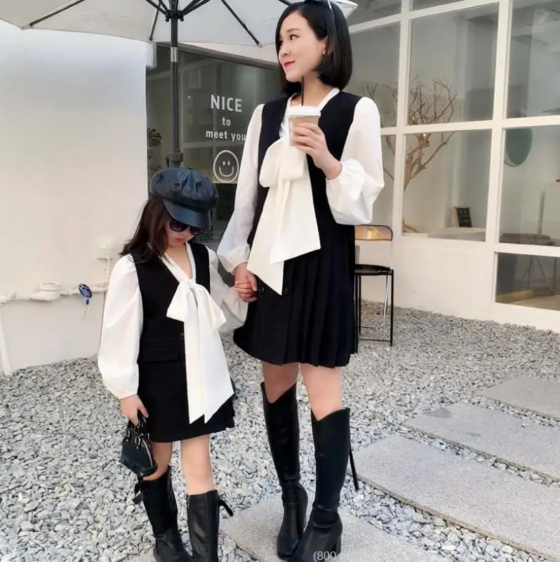

Retail 2022 New Mommy and Me Fashion Formal Lady Sets, White Blouse+Vest Dress 2-7T