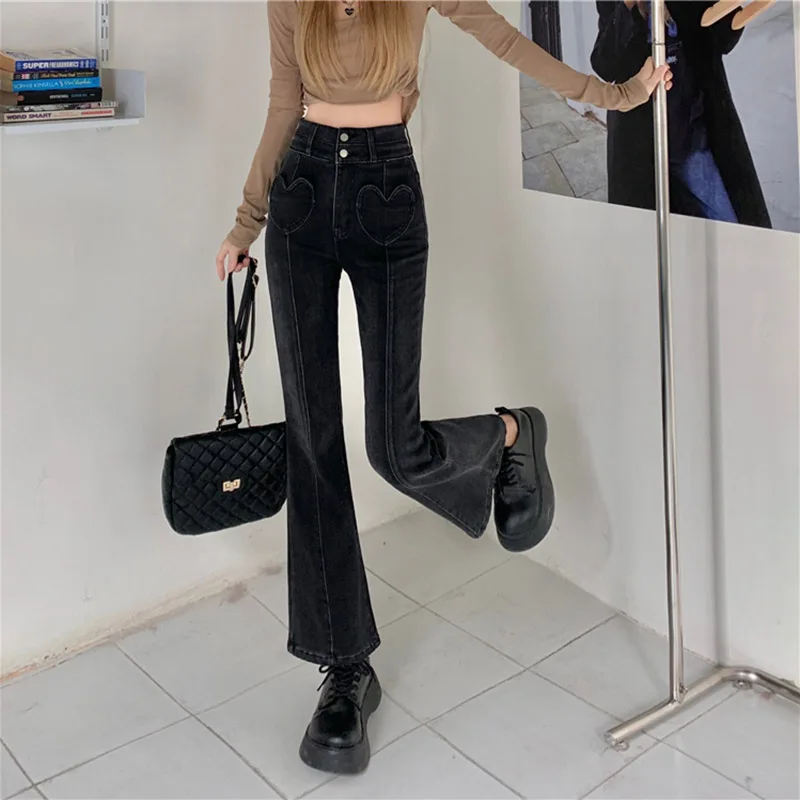 

Harajuku black Vintage babes love Jeans Women Streetwear high waist Stretch Flare Pants Joggers Ladies Korean sexy Denim Pants