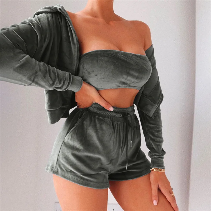 

Velour Woman Clothes 3 Piece Set Hooded Jacket+Wrapped Chest+Sweatshorts Autumn Sporty Homewear Women Tracksuit Yoga Suit