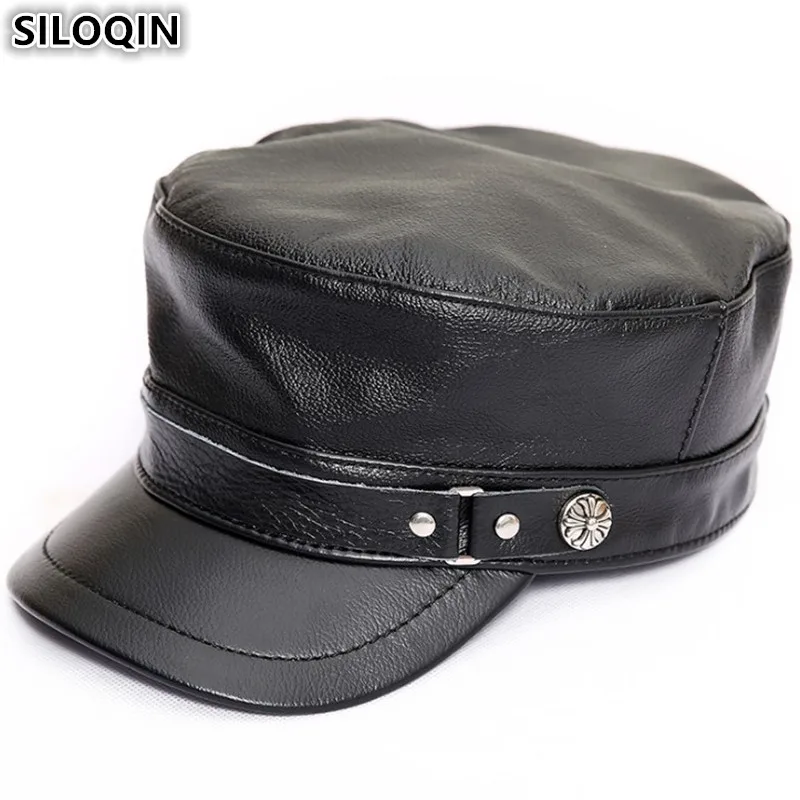 

SILOQIN Men's Flat Cap Genuine Leather Hat Winter Women's High Quality Cowhide Military Hats Snapback Warm Leisure Tourism Hats