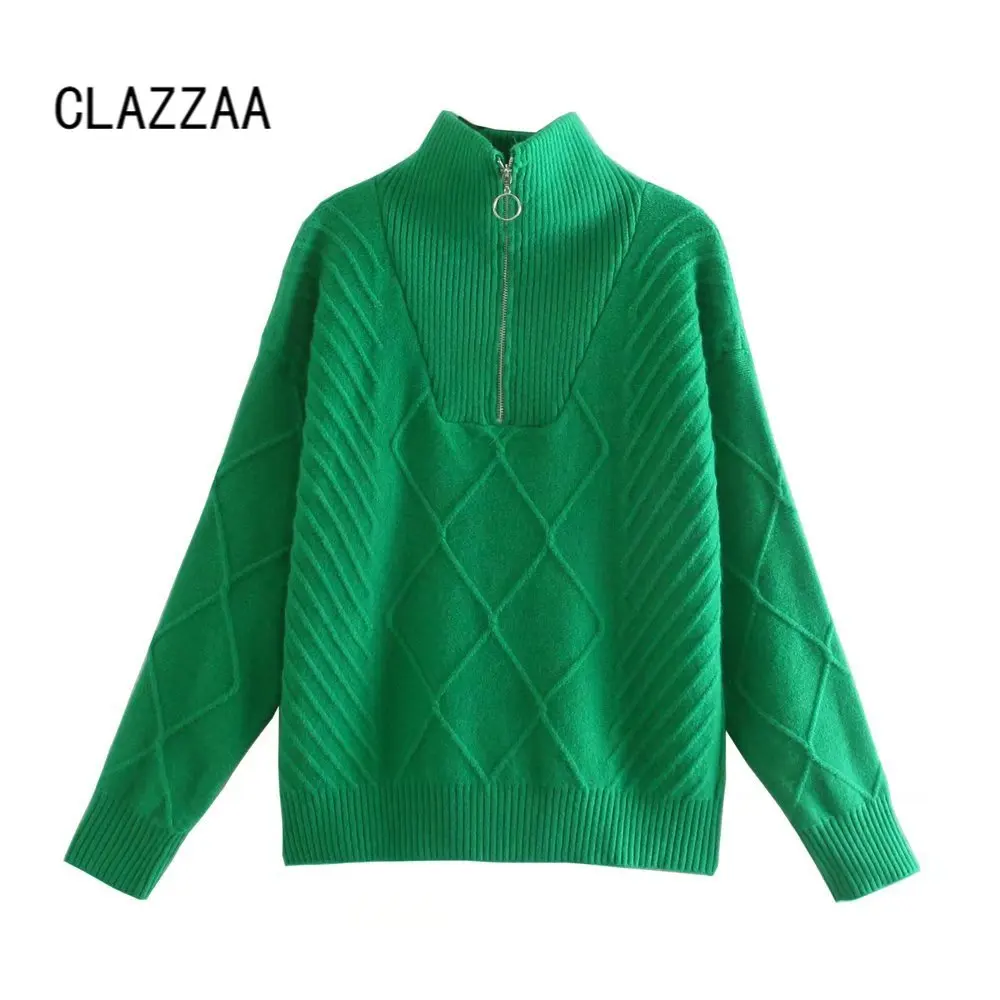 

Clazzaa Women Za Green Cable-Knit Sweater Long Sleeves High Neck with Zip Chic Lady Casual Knitted Pullover Winter Female