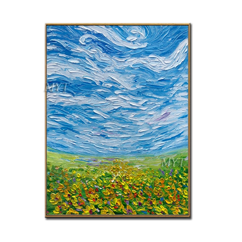 

Blue Sky Colorful Flower Fields Abstract Oil Painting Modern Wall Art Living Room Picture Home Decoration Painting No Framed